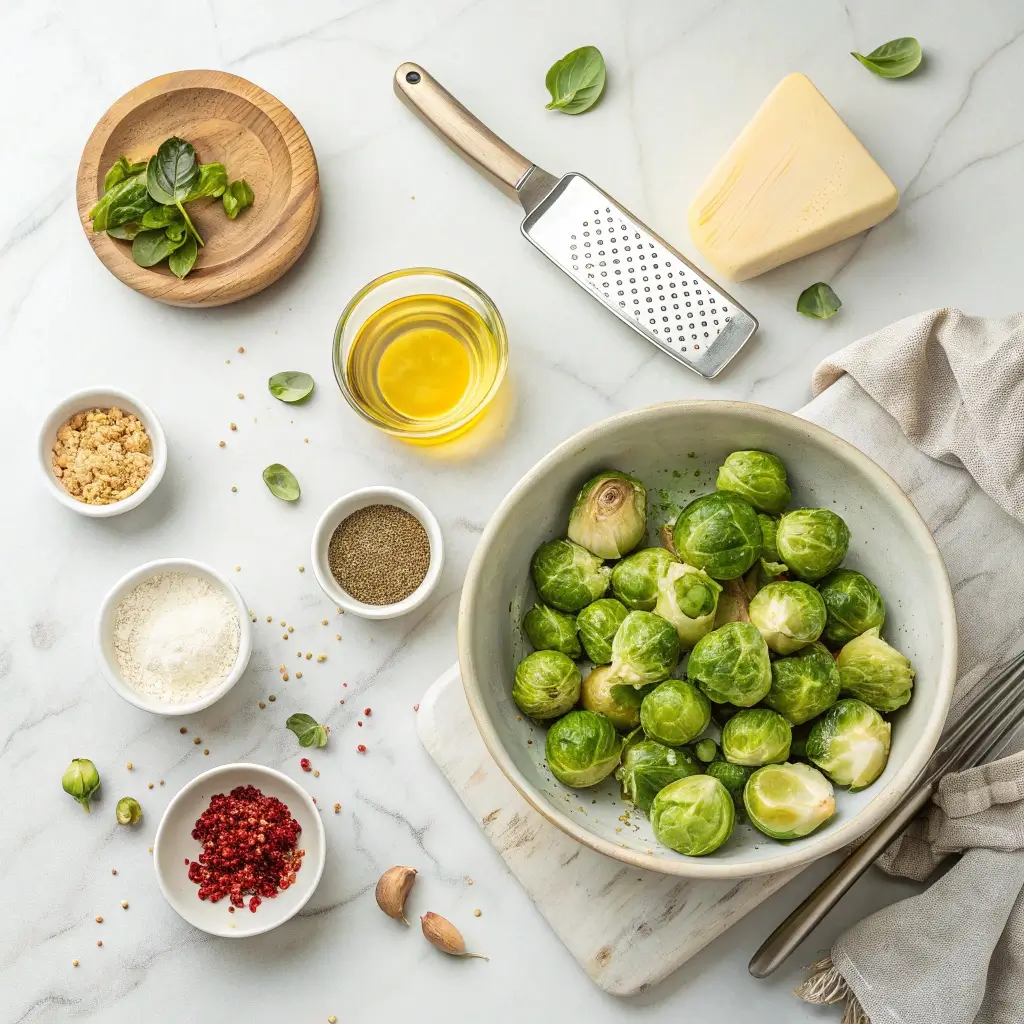 Frische Rosenkohl-Halbchen in einer Schüssel, umgeben von Zutaten für ein leckeres Airfryer-Rezept: Olivenöl, Parmesan, Knoblauch, Rosmarin, Pfeffer, Salz, rote Chiliflocken und Bärlauch auf einem hellen Marmorhintergrund – perfekt für gesunde, knusprige Beilagen.
