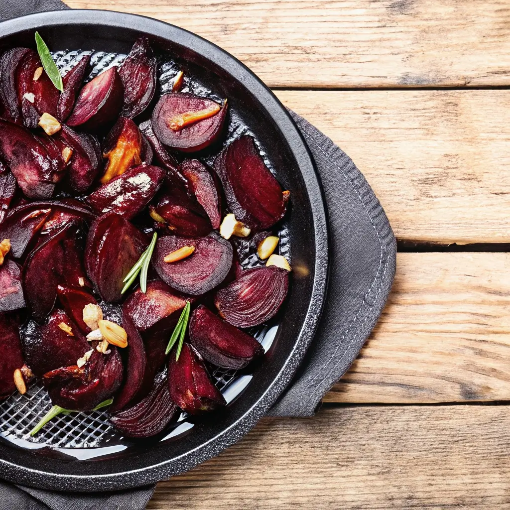 Gekochte Rote Bete in der Heißluftfritteuse, serviert in einer Pfanne mit Rosmarin, Pinienkernen und frischen Kräutern – perfekt als gesunde Beilage oder vegetarische Hauptmahlzeit.