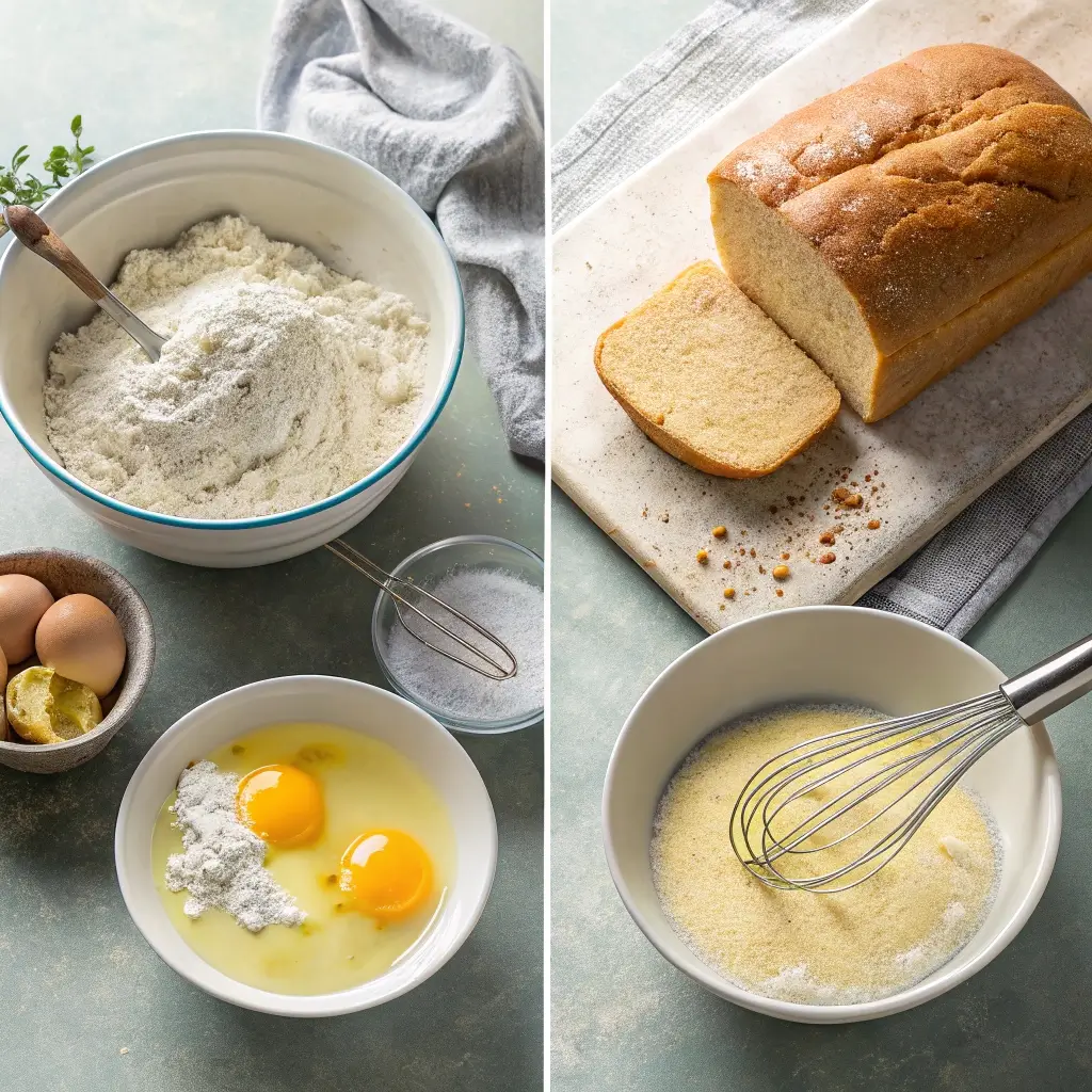 Zwei Schritte der Zubereitung und Servierung von schnellem Low Carb Brot. Links oben sind die Zutaten für das Teigmischung angeordnet, darunter Mehl (Algenmehl oder Eiweißmehl), Eier, Salz und weitere Bestandteile. Rechts oben ist das fertige gebackene Low Carb Brot zu sehen, geschnitten auf einem Holzbrett, mit einer cremigen, luftigen Textur. Unten wird die flüssige Mischung aus Eiern und anderen Zutaten in einer Schüssel gerührt.