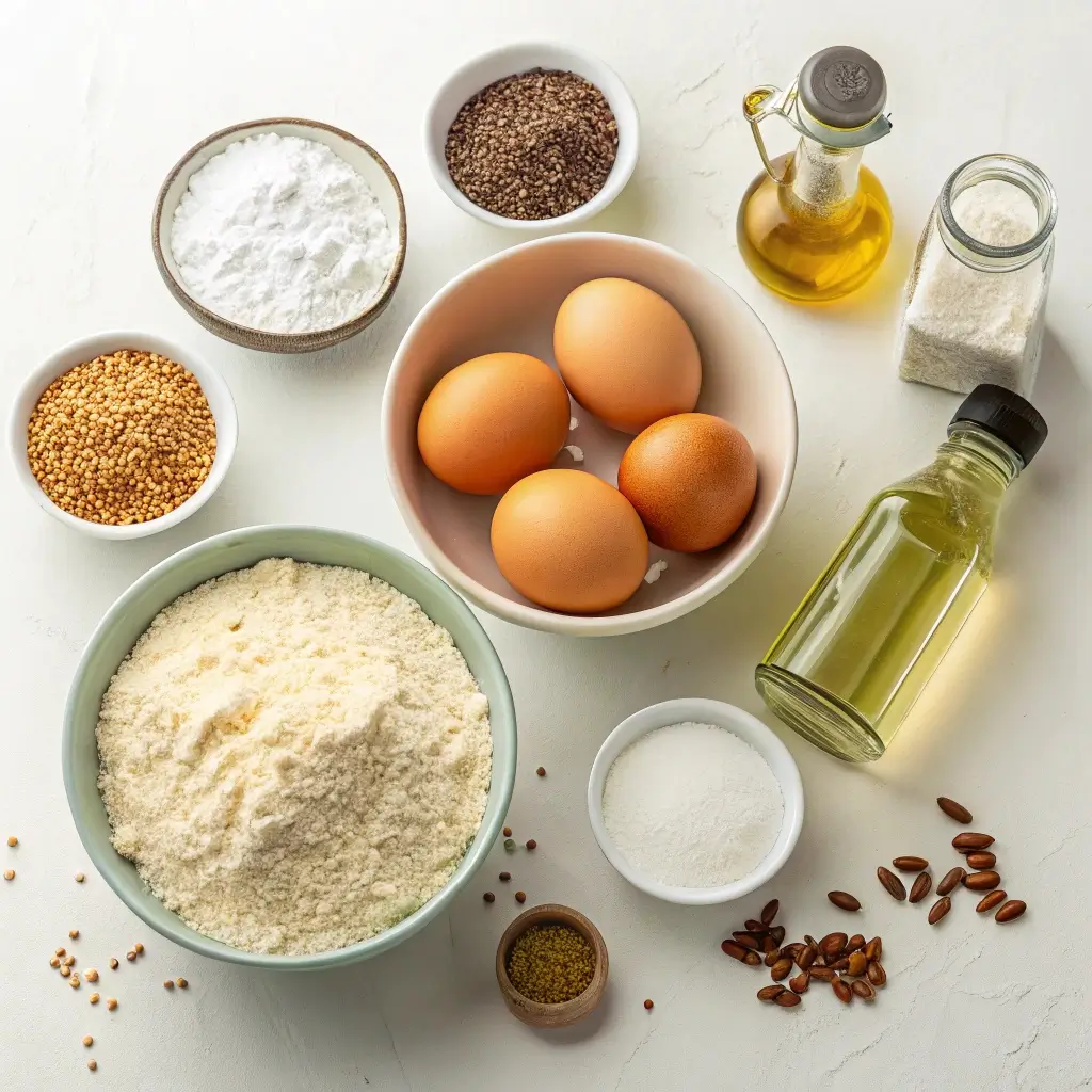 Die Zutaten für ein schnelles Low Carb Brot sind auf einem sauberen, hellen Hintergrund angerichtet. Dargestellt sind Algenmehl (als Ersatz für Weizenmehl), Eier, Maisstärke, Sesamkörner, Olivenöl, Salz und weitere Gewürze wie Senfsamen und Samenmix. Die natürliche Präsentation vermittelt einen gesunden und einfachen Eindruck.