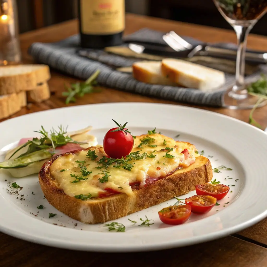 Gesunder Toast Hawaii auf einem weißen Teller serviert mit frischen Kräutern, halbierten Cocktailtomaten und einer ganzen Tomate als Deko. Im Hintergrund Wein und Brot – stilvolle Präsentation.