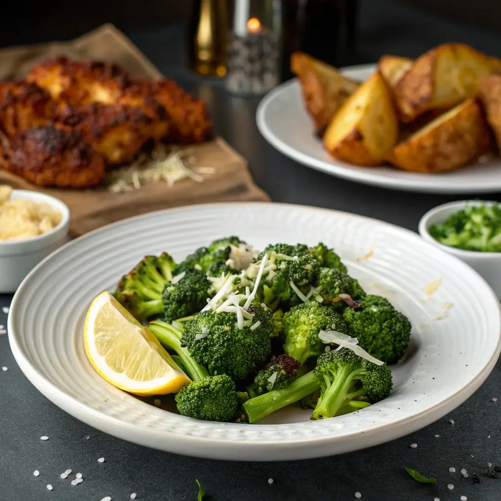 Ein köstliches Gericht mit knusprigem Brokkoli im Airfryer, garniert mit frischen Parmesan-Spänen und einer Zitronenscheibe. Im Hintergrund sind Pommes frites und ein weiteres Hauptgericht zu sehen.
