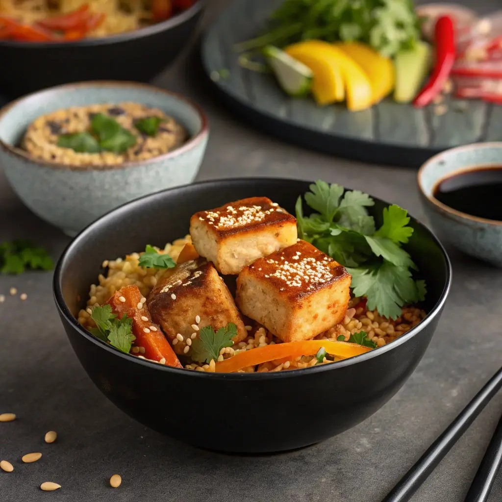 Leckerer Tofu im Airfryer serviert auf einem schwarzen Teller mit Reis, Karotten, frischen Kräutern und Sesam – ein appetitlich angerichtetes Gericht