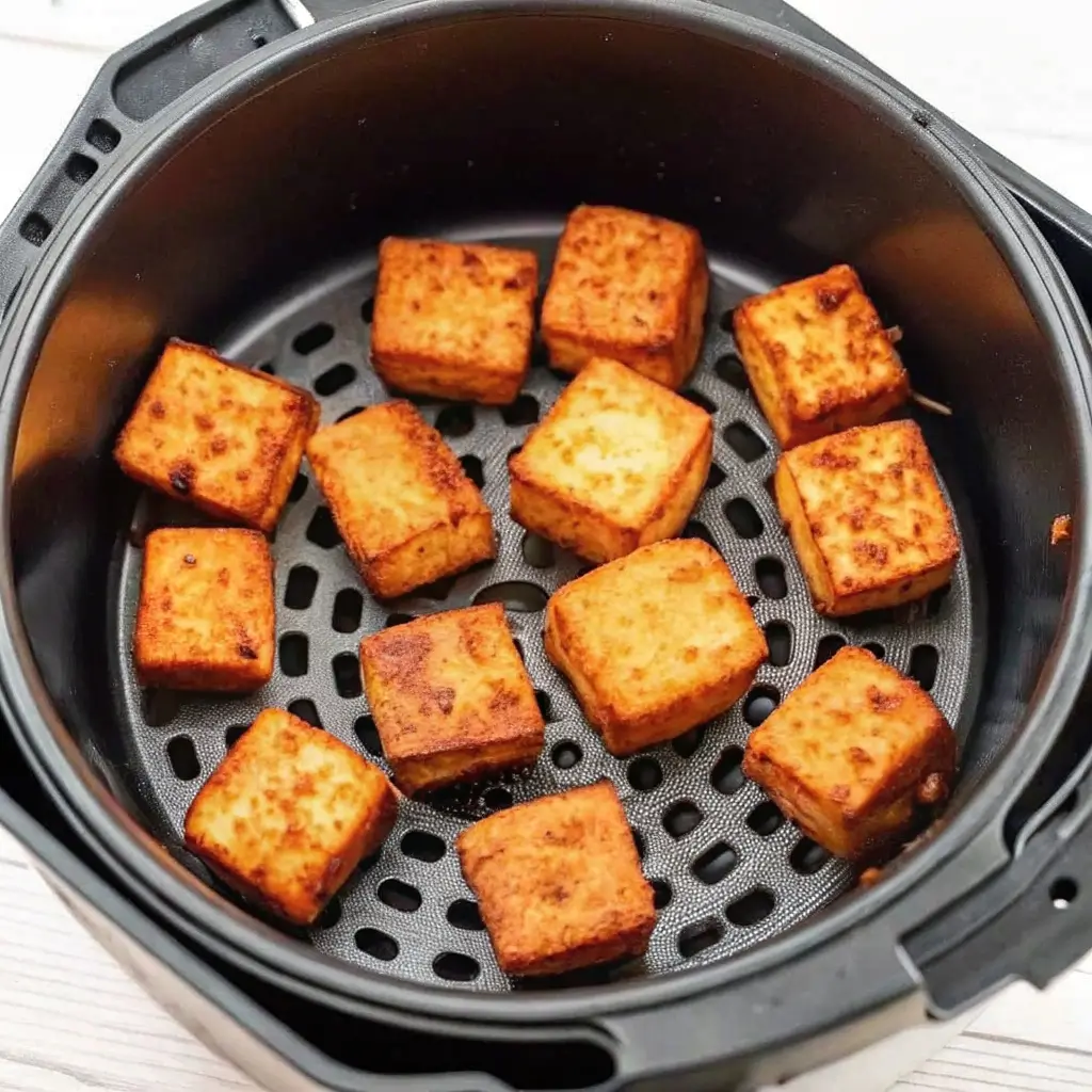 Goldbrauner, knuspriger Tofu im Airfryer-Korb – das ideale Rezept für ein schnelles und leckeres Gericht.