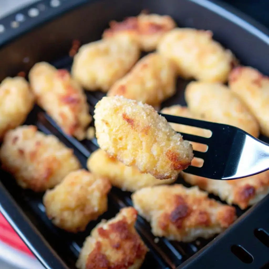 Knusprige Chicken Nuggets im Airfryer: perfekt gebräunt und luftgebacken, serviert auf einer Gabel.