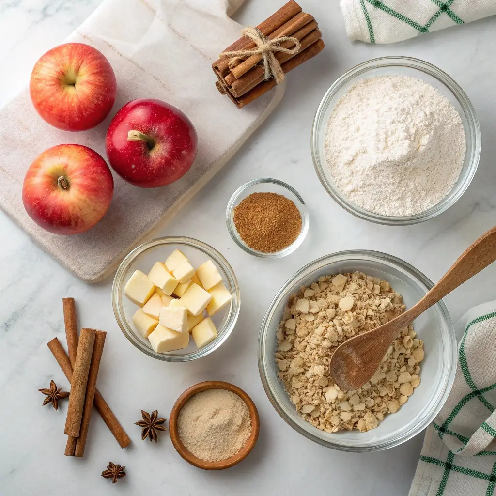 Zutaten für Apfel Crumble im Airfryer: frische rote Äpfel, Mehl, Butterwürfel, gehackte Mandeln, Zimt, Muskatnuss, brauner Zucker und Sternanis auf einer hellen Marmorarbeitsfläche arrangiert