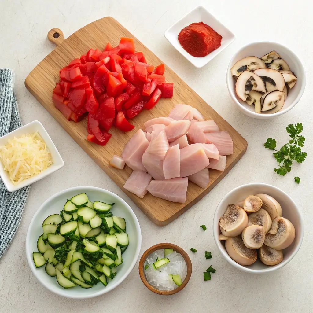 Eine gemütliche Küchenarbeitsfläche mit Zutaten für Hähnchenspieße: frische Hähnchenfilets und rote Paprika auf einem Holzbrett, dazu gehackte Zucchini, Pilze, geriebener Käse, Chili-Paste, gebratener Knoblauch und ein Teller mit Salz & Kräutern.