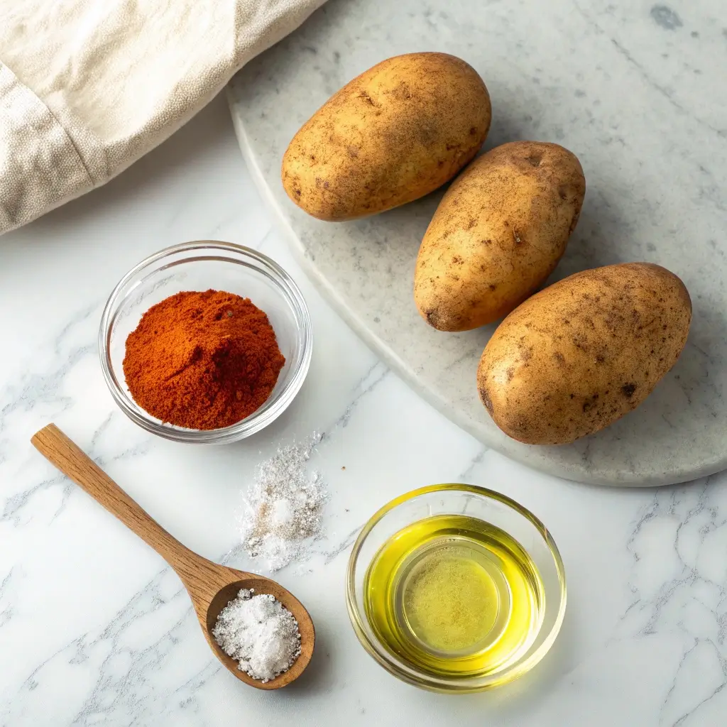 Zutaten für luftgebackene Kartoffelchips im Airfryer: frische Kartoffeln, Öl, Salz und Paprika.
