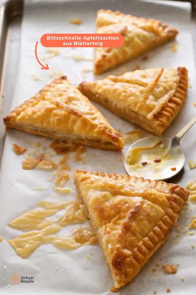 Blitzschnelle, goldbraun gebackene Apfeltaschen aus Blätterteig, frisch aus dem Ninja Airfryer auf einem Backblech.