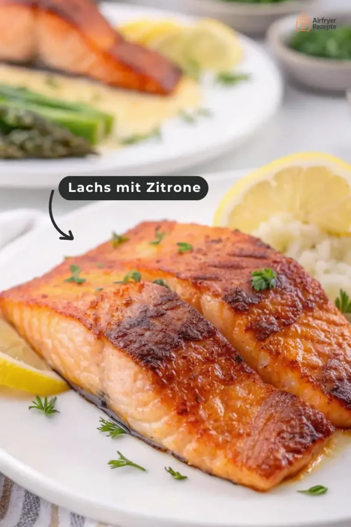 Zwei perfekt gegarte Lachsfilets auf einem weißen Teller mit Zitronenscheiben, zubereitet nach einem schnellen Ninja Airfryer Rezept.