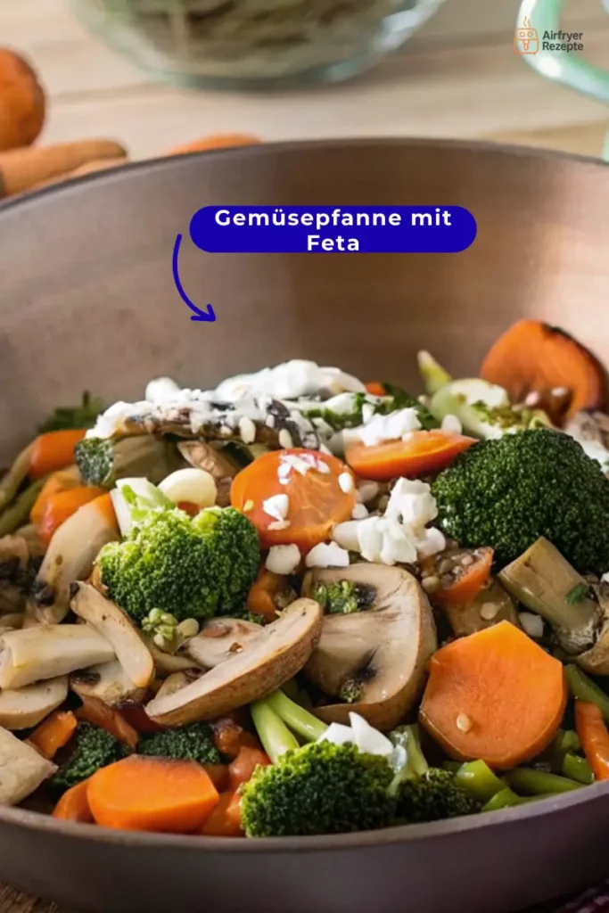 Eine bunte Gemüsepfanne mit Brokkoli, Karotten, Pilzen und Zucchini, überbacken mit Feta-Käse. Gekocht nach einem Ninja Airfryer Rezept.
