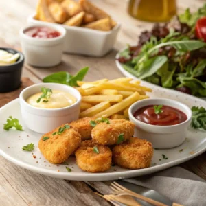 Knusprige Chicken Nuggets im Airfryer serviert mit Pommes, Dip-Saucen und Salat – ein perfekter Snack oder Beilage!