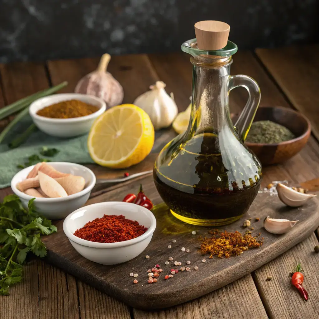 Ein rustikales Holzbrett mit Zutaten für eine Hähnchenspieße-Marinade: Olivenöl, Chili-Pulver, Knoblauch, Zitronenhälfte, Gewürze und frische Kräuter.