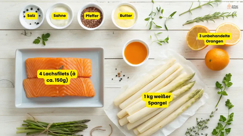 Alle Zutaten für das Rezept Spargel und Lachs mit Orangensauce im Airfryer.