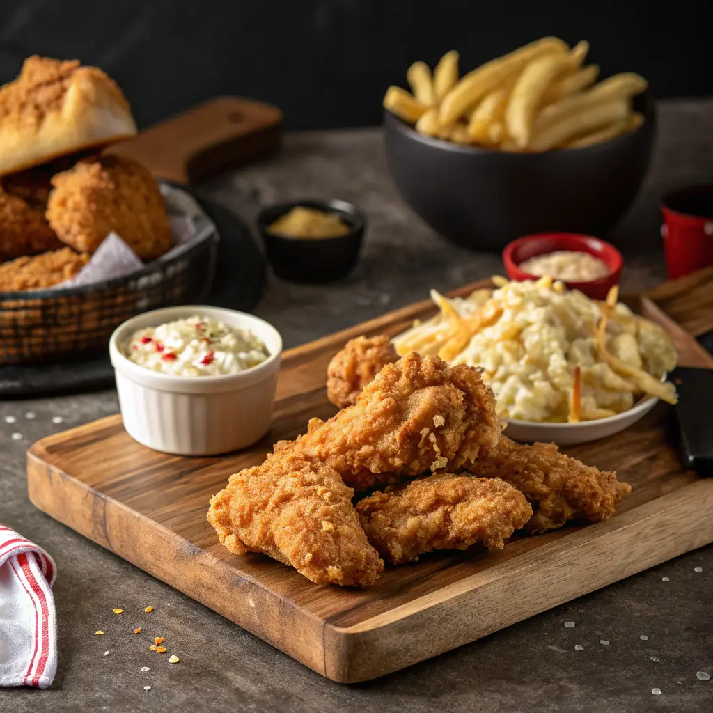 Knuspriges Fried Chicken im KFC-Style auf einem Holzbrett serviert, umgeben von Pommes Frites, Kartoffelsalat und verschiedenen Dips.