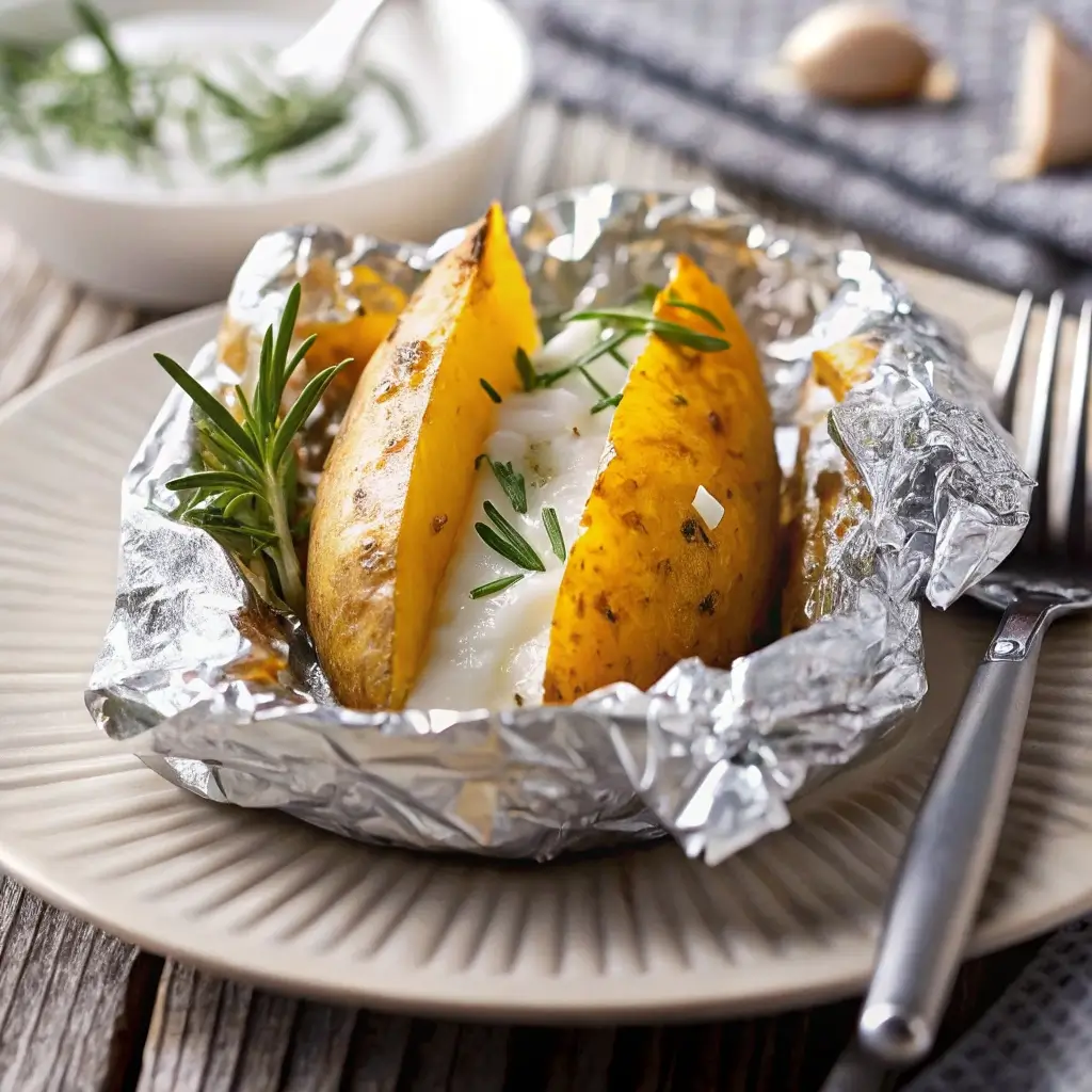 Geöffnete Ofenkartoffel in Alufolie auf einem Teller, gefüllt mit cremiger Sauce, Rosmarin und frischen Kräutern – ein appetitanregender Serviervorschlag für eine klassische Kartoffel im Backofen.