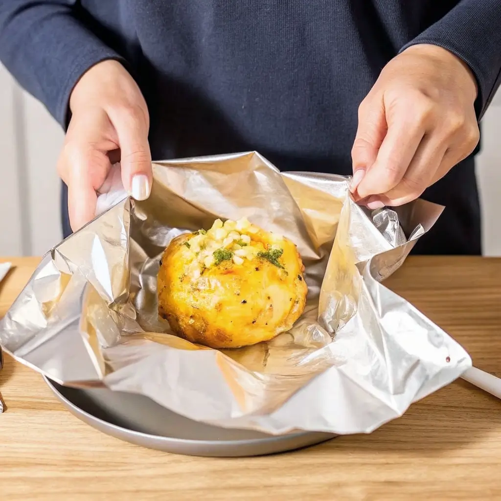 Eine frisch gebackene Ofenkartoffel wird aus einer fest verschlossenen Alufolienhülle entnommen – goldbraun, cremig und mit Kräutern bestreut. Perfekte Zubereitung für eine knusprige, aromatische Ofenkartoffel im Backofen.

