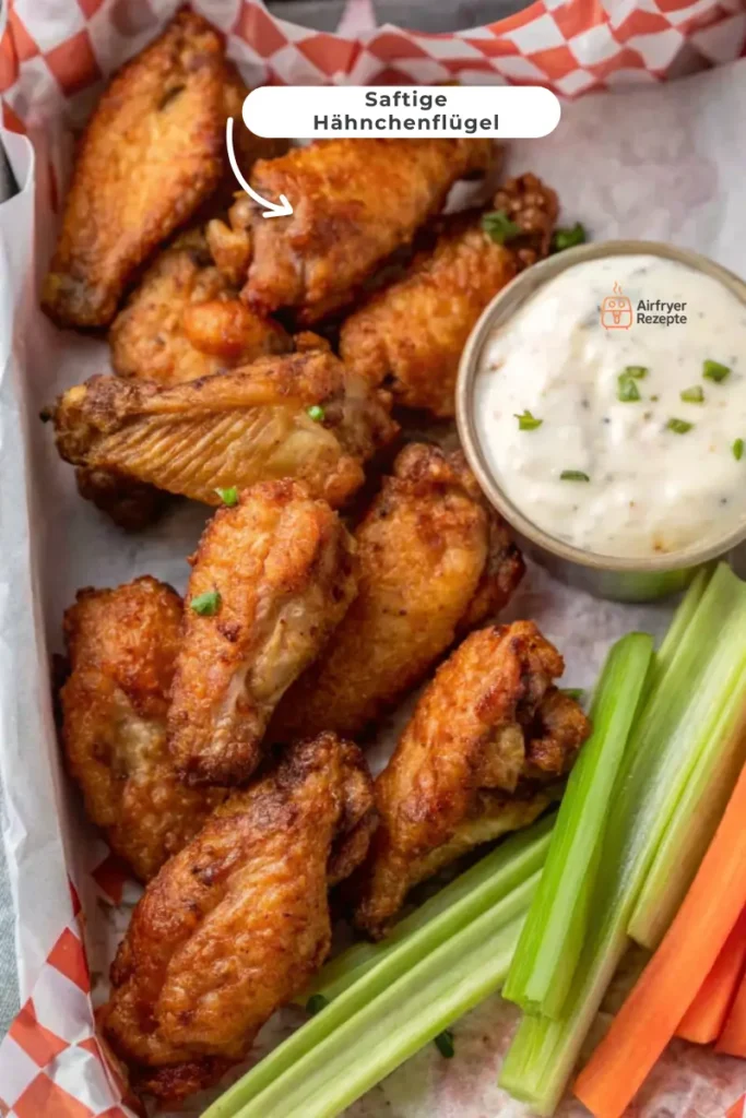 Saftige und knusprige Hähnchenflügel aus dem Ninja Airfryer, serviert in einem Korb mit cremiger Sauce und Gemüsesticks.