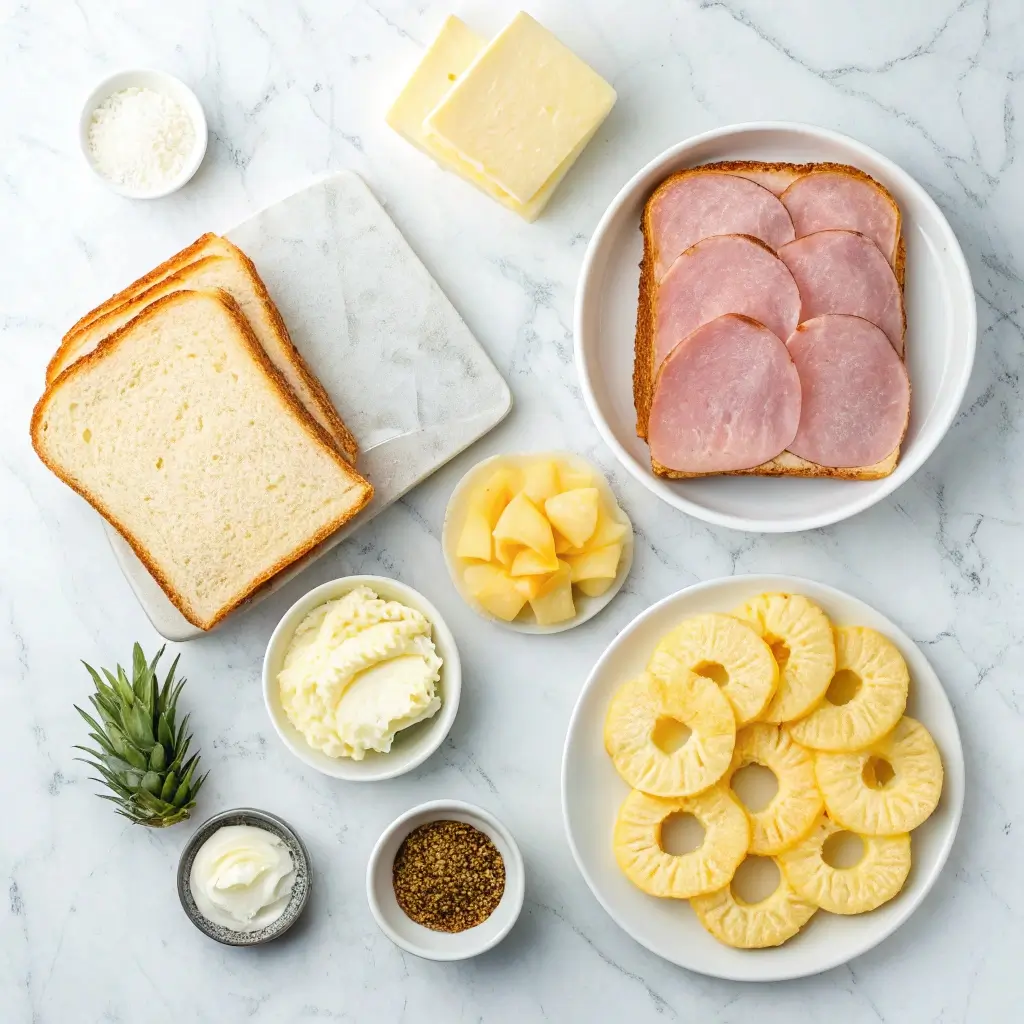 Zutaten für Toast Hawaii im Airfryer: Brot, Schinken, Ananasringe, Käse, Butter, Mayonnaise, Senf und Parmesan auf einer Marmorarbeitsfläche.