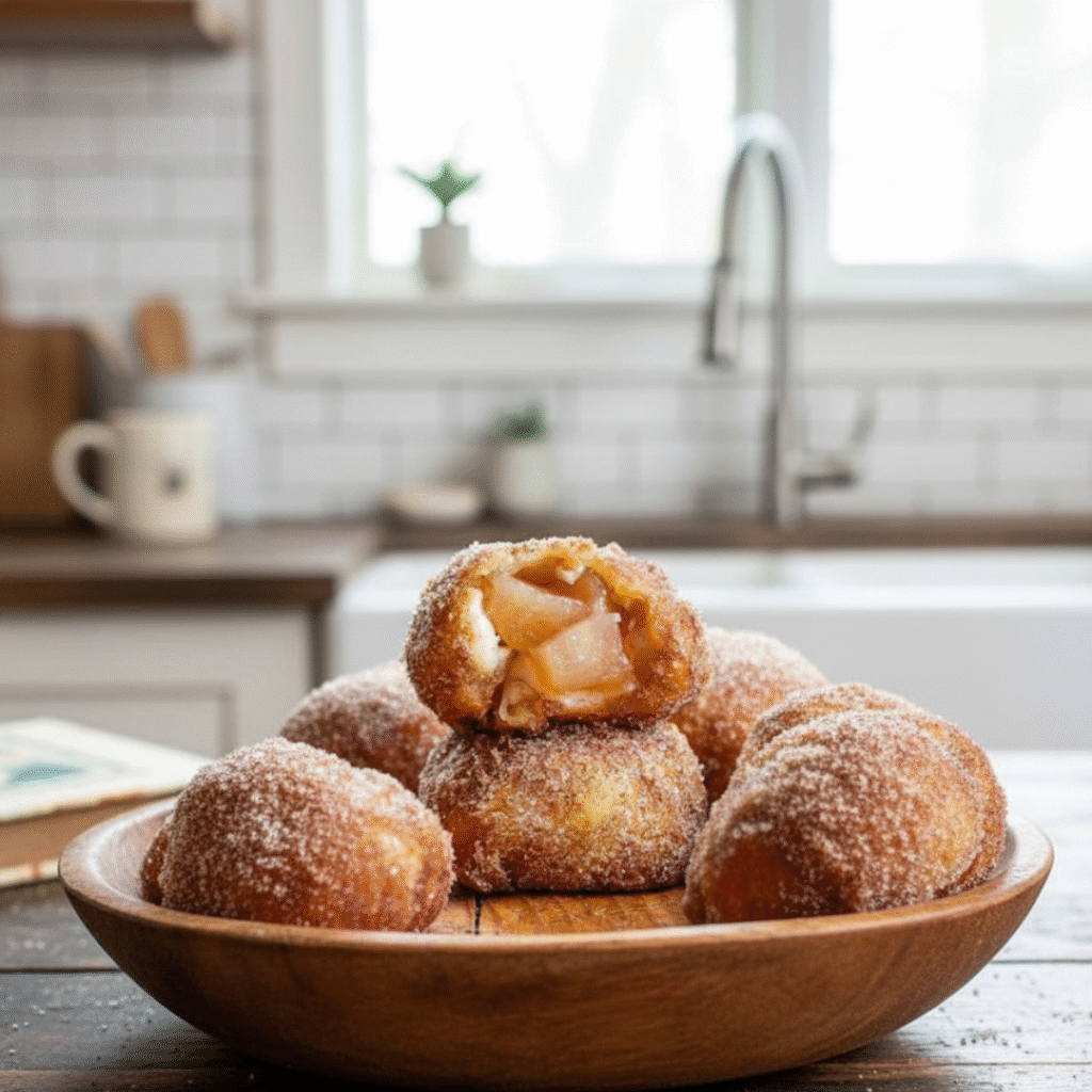 Serviervorschlag für Apfelbällchen aus der Heißluftfritteuse mit Vanillesoße und Eis.