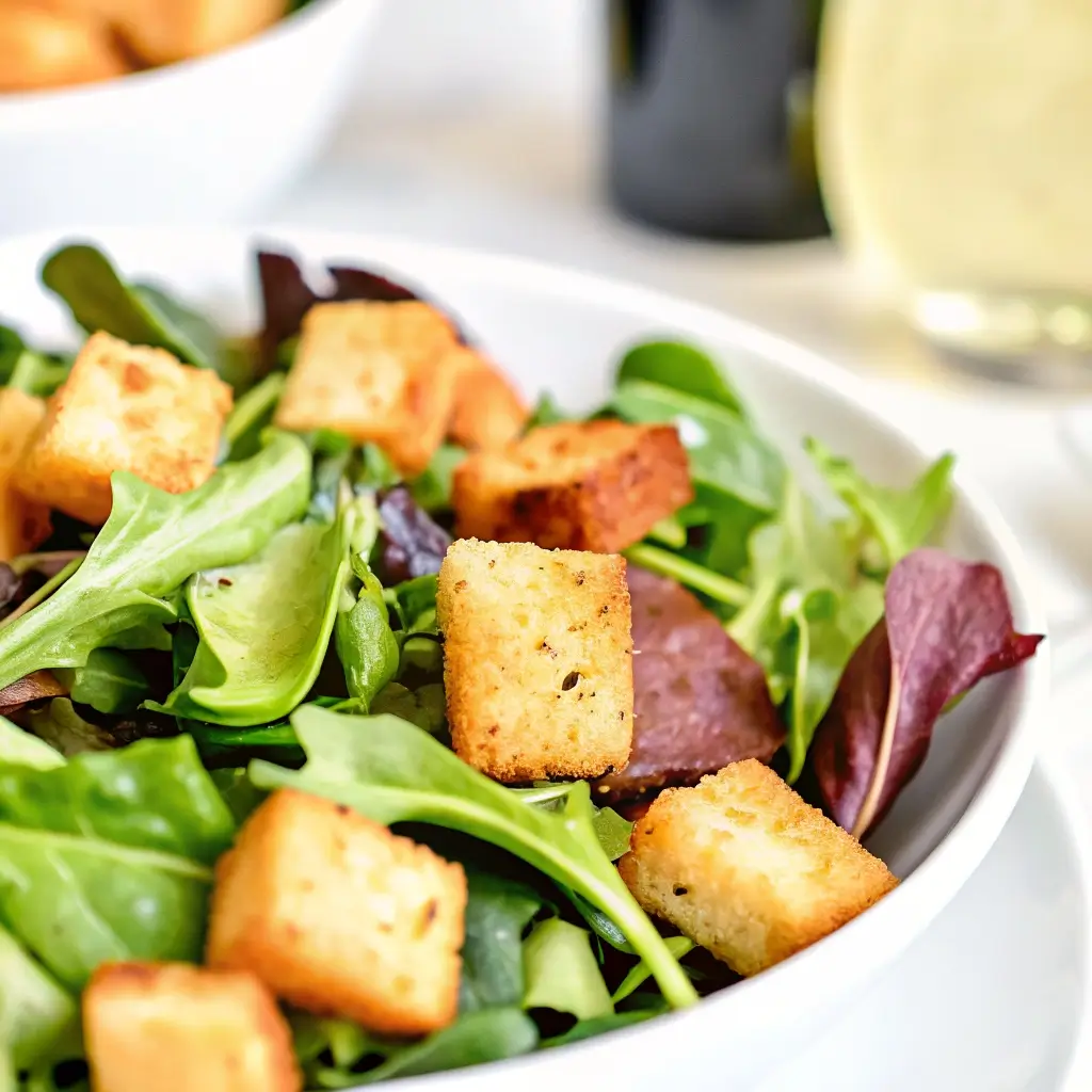 Knusprige Croutons aus dem Airfryer serviert auf einem frischen Salat mit buntem Blattgemüse – lecker, gesund und perfekt als Topping.
