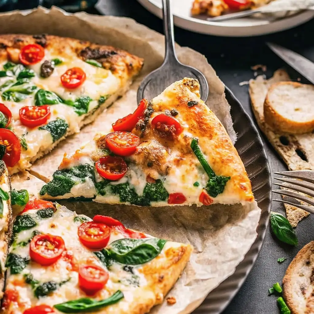 Geschnittene Frittata mit Spinat, Tomaten und Käse auf Backpapier in einer Pfanne – eine Scheibe wird mit einer Gabel hochgehoben, umgeben von Brotstücken und frischen Kräutern.
