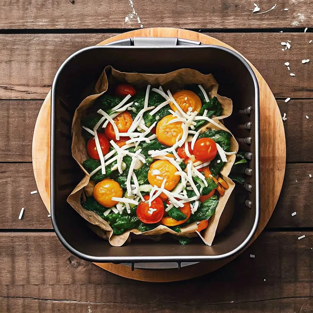 Ungebackene Frittata mit Eiern, Spinat, Kirschtomaten und geriebenem Käse in einem Airfryer-Korb auf Backpapier – bereit für die Zubereitung.