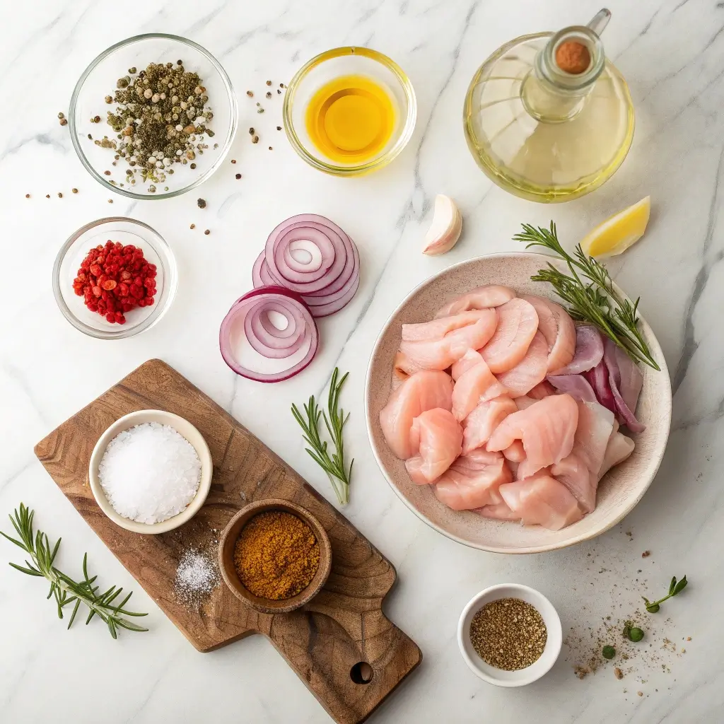 Zutaten für ein Gyros-Rezept für 2 Personen: Hähnchenbruststreifen, rote Zwiebelringe, Olivenöl, Rosmarin, Petersilie, Knoblauch, Paprikapulver, Pfefferkörner, Salz und Sumach auf einer Marmorarbeitsfläche arrangiert. Ideal für ein leckeres griechisches Abendessen.