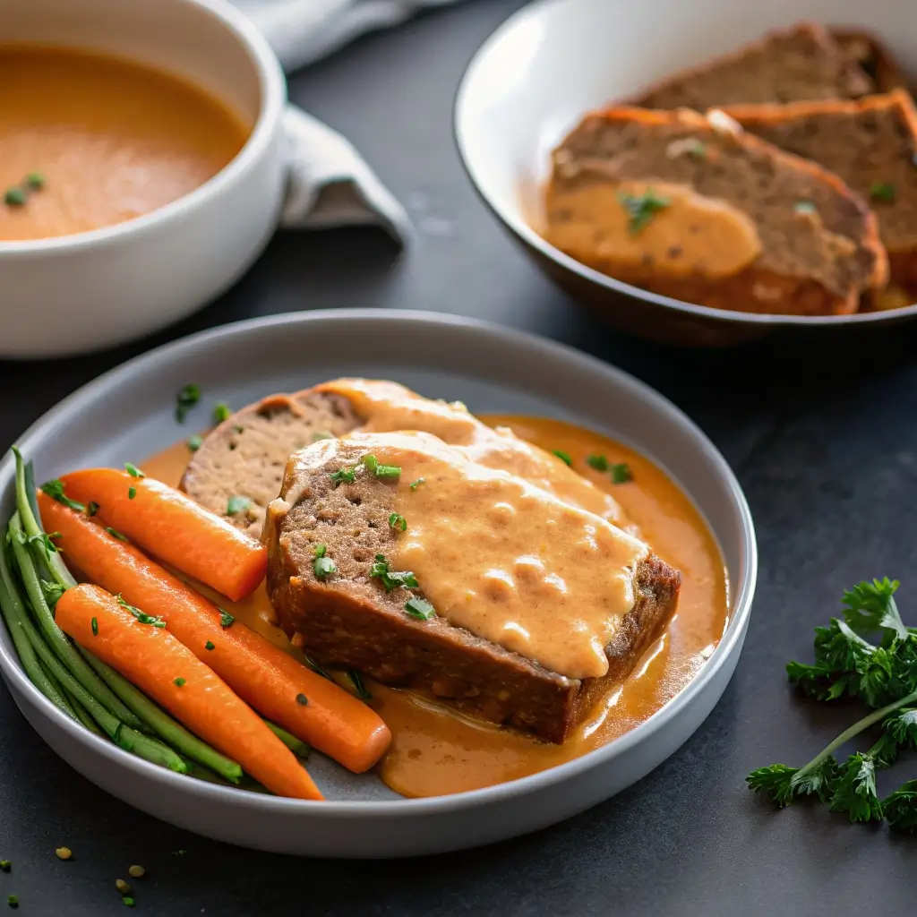 Hackbraten aus dem Airfryer serviert mit cremiger Sauce, Karotten und grünen Bohnen – appetitlich angerichtet auf einem modernen Teller.