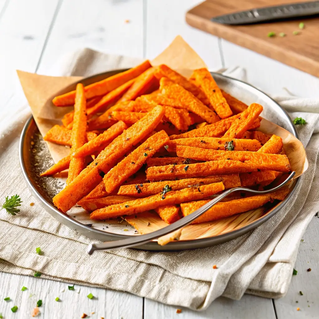 Knusprige Karottensticks aus dem Airfryer, goldbraun und mit frischen Kräutern bestreut, serviert auf einem rustikalen Teller mit Papierserviette – eine appetitliche, gesunde Beilage zum Genuss.