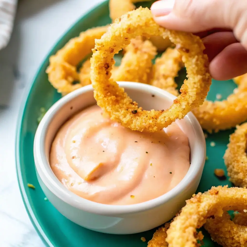 Hand taucht eine knusprige Zwiebelring aus dem Airfryer in cremige rosa Dip-Sauce – perfekt serviert auf einem grünen Teller mit weiteren Ringen.