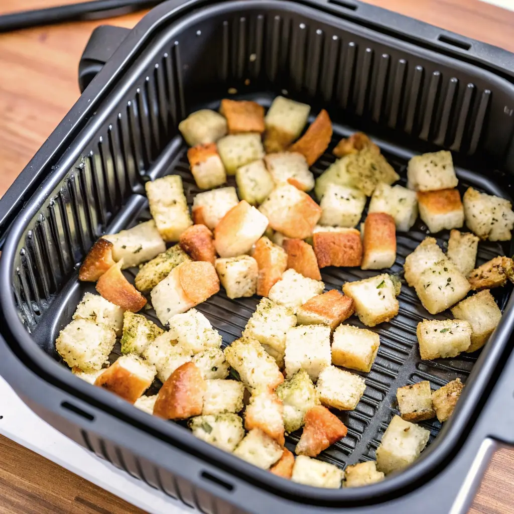 Croutons im Airfryer backen – würzige Brotwürfel in der Airfryer-Schale, leicht gebräunt und knusprig, bereit für den perfekten Salat oder Suppentop.