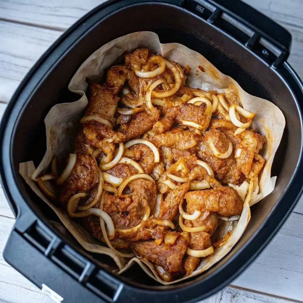 Geschnittenes Hähnchenfleisch und rote Zwiebelringe in einer Marinade aus Olivenöl, Gewürzen und Zitronensaft, bereit zum Kochen im Airfryer. Die Zutaten liegen auf Backpapier im Airfryer-Behälter – perfekt für knuspriges Gyros-Fleisch.