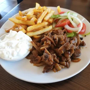 Gyros auf einem Teller serviert: knuspriges Hähnchenfleisch mit Pommes, frischem Salat aus Tomaten, Gurke, Zwiebeln und einer Portion Tzatziki. Perfekte Präsentation eines klassischen griechischen Gerichts.