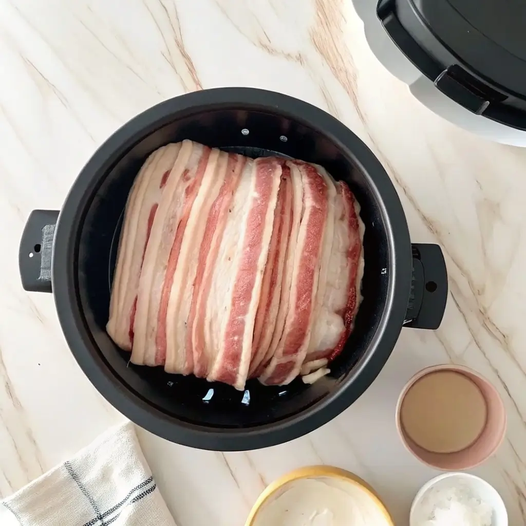 Hackbraten mit Speck umwickelt im Airfryer-Behälter – bereit zum Garen, umgeben von Sauce und Gewürzen auf einer Marmorarbeitsfläche.