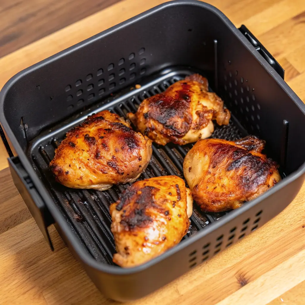 Pollo Fino garen in der Heißluftfritteuse – knusprig gebratene Hähnchenschenkel mit perfekter Grillmarke, goldbraun und saftig im Airfryer-Korb. Kein Öl, kein Dampf – nur reiner Geschmack auf Holzuntergrund.