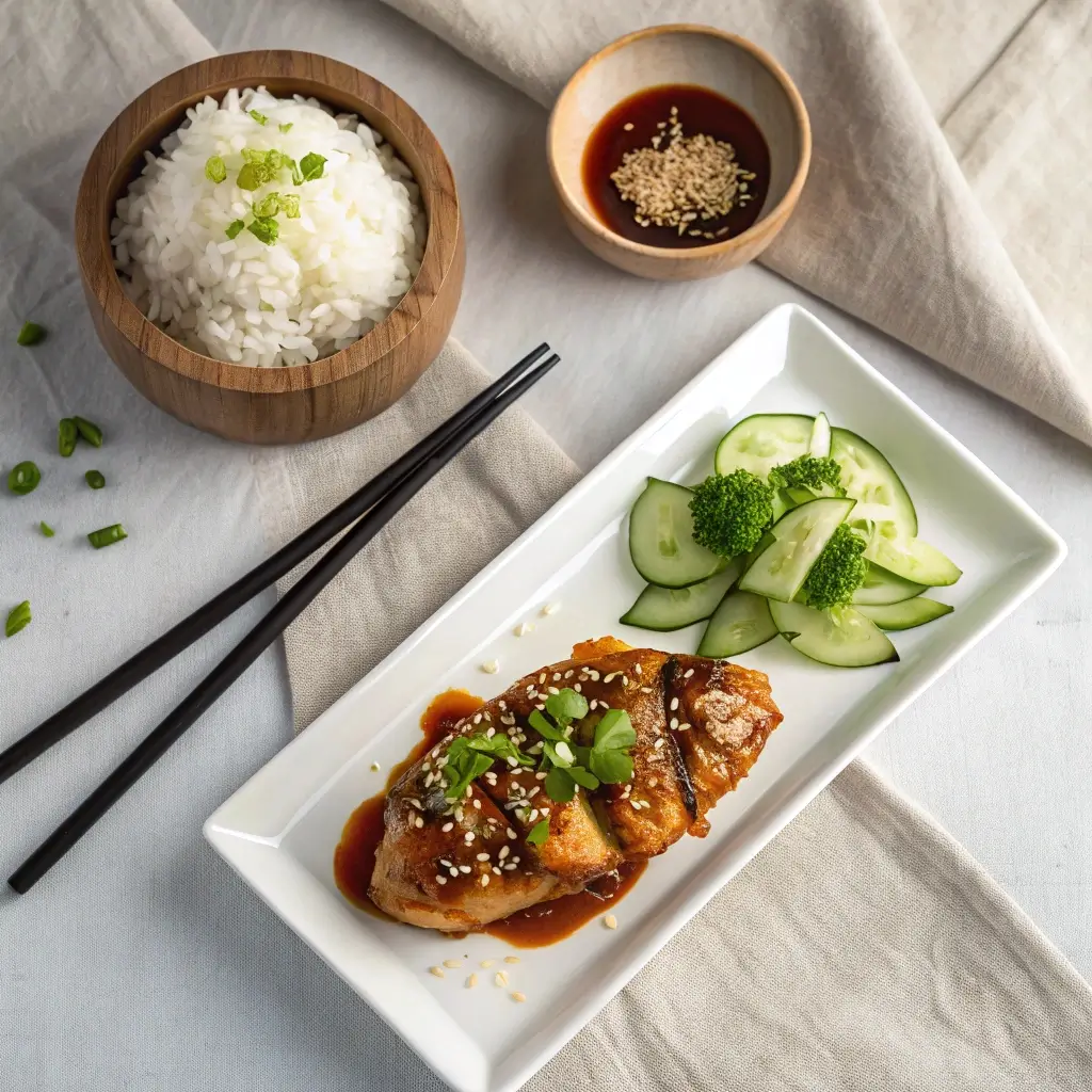 Pollo Fino servieren – saftiges, asiatisch mariniertes Hähnchen auf weißem Rechteckteller, garniert mit Sesam & Frühlingszwiebeln, dazu Reis und frischer Gurken-Brokkoli-Salat. Perfekt angerichtet für ein stilvolles, leckeres Essen.
