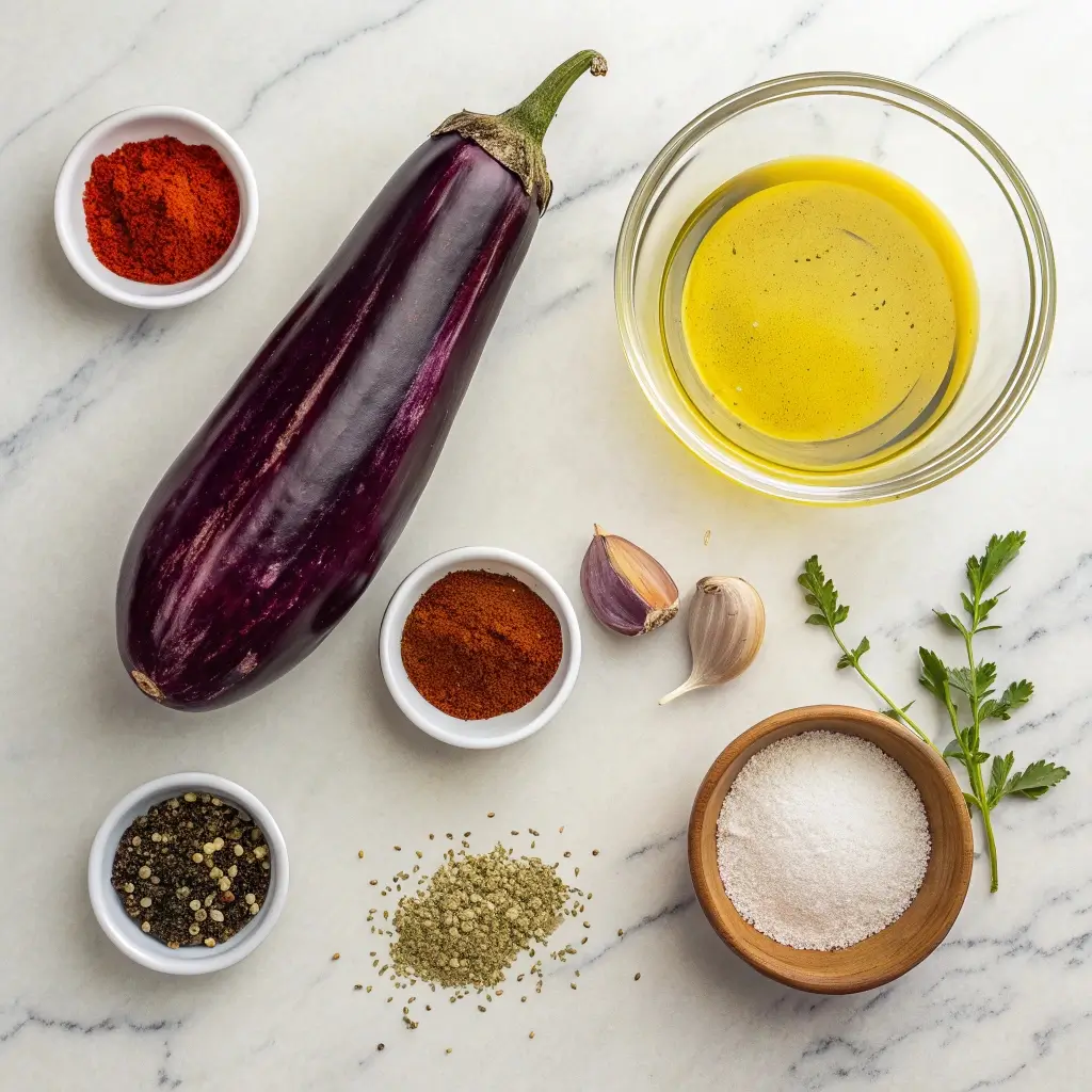 Zutaten für das Aubergine Heißluftfritteuse Rezept für 2 Personen: frische Aubergine, Olivenöl, Knoblauch, Paprika, Salz, Pfeffer und Kräuter 