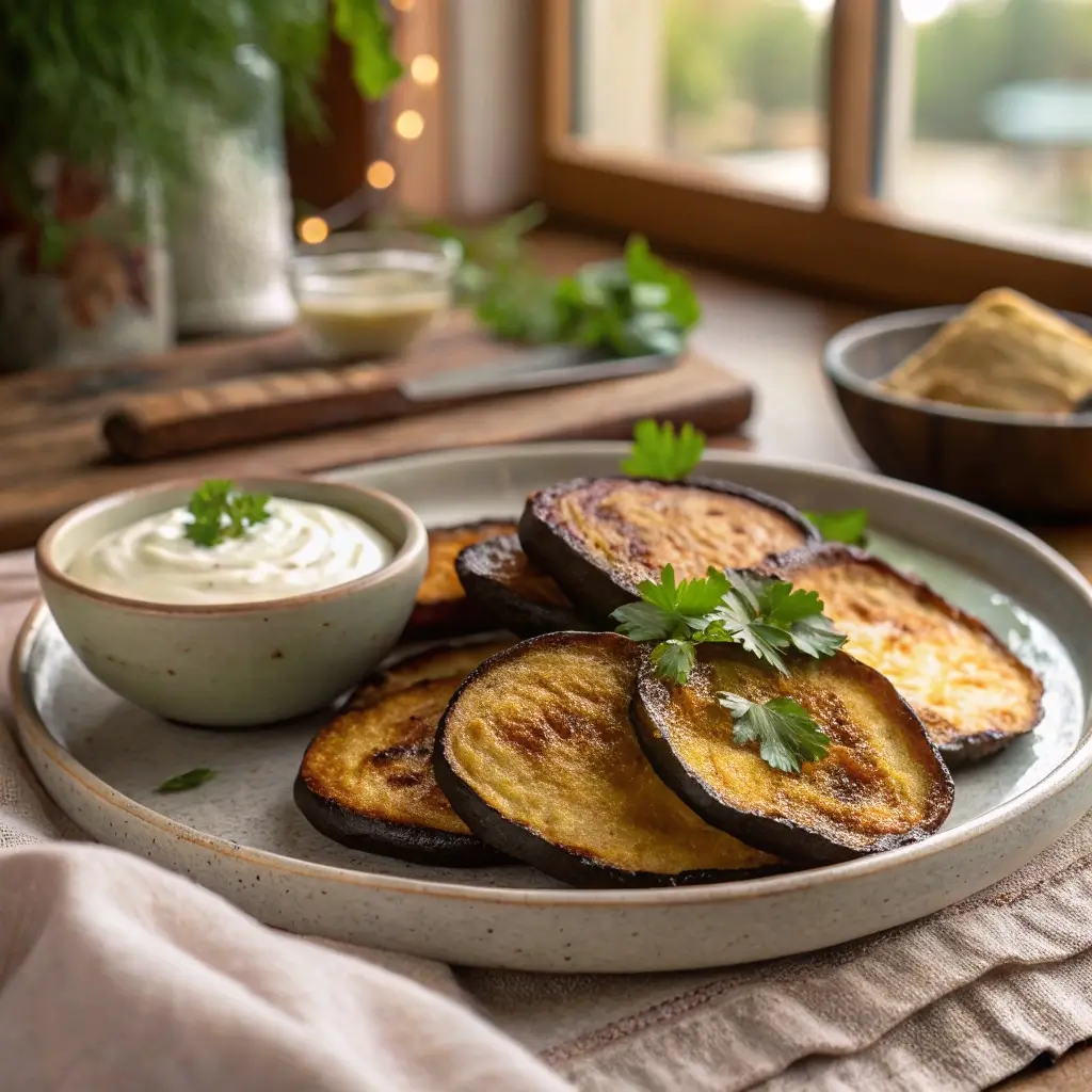 Die fertigen Auberginenscheiben servieren: knusprig gebacken, garniert mit Petersilie und dazu ein cremiger Dip 