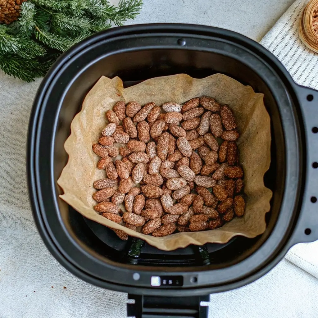 Gebrannte-Mandeln-servieren: frisch aus dem Airfryer, knusprig & aromatisch – perfekt für Weihnachten, Geschenke oder als Snack auf der Couch.