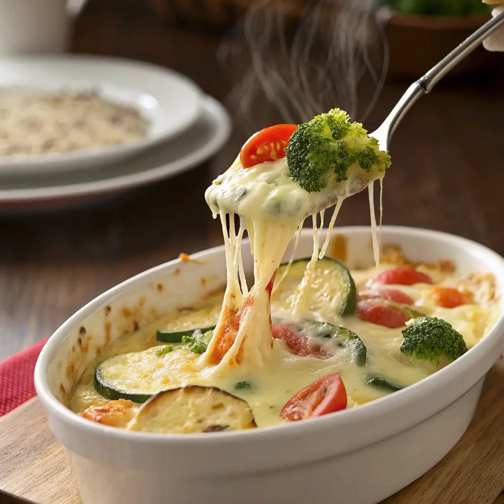 Heißer Gemüseauflauf servieren – mit schmelzendem Käse, Brokkoli, Zucchini & Tomaten. Perfekt angerichtet zum Sofort-Genießen, dampfend und lecker auf dem Esstisch.