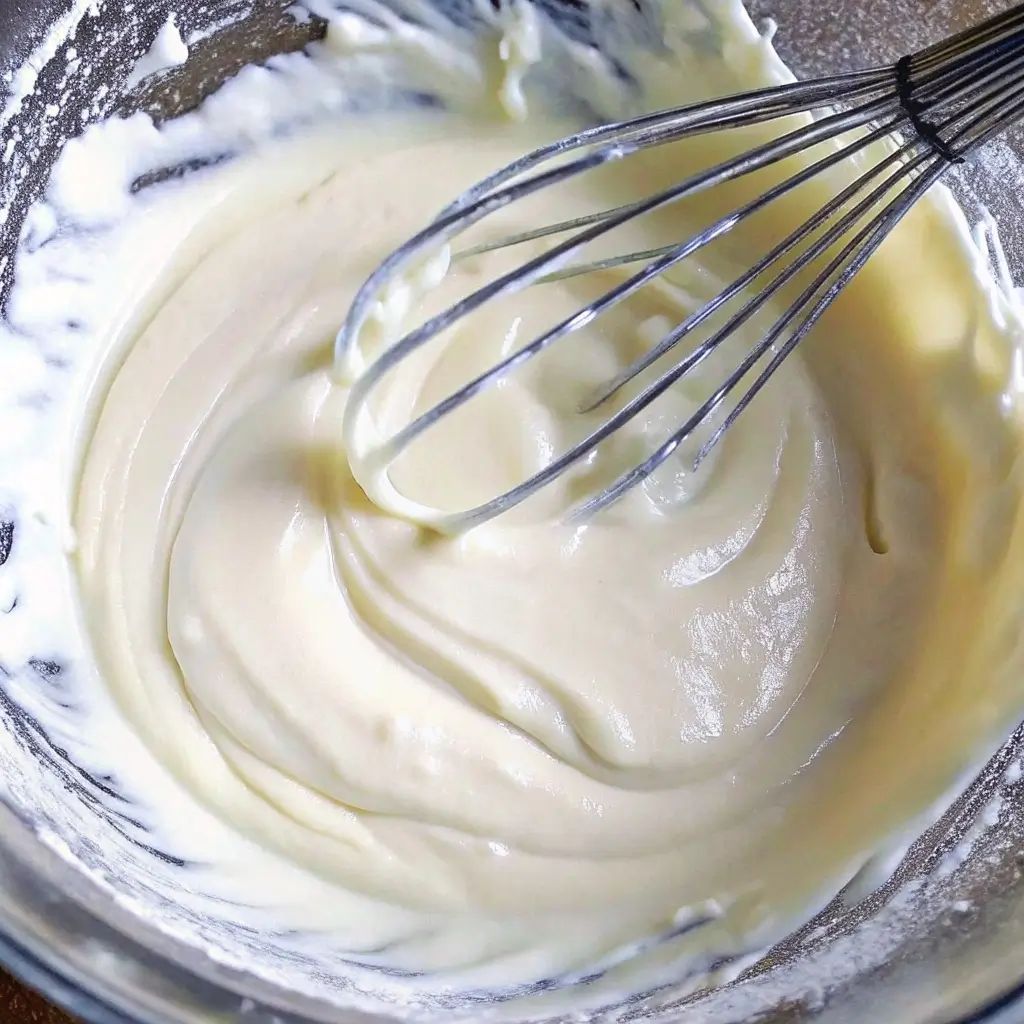 Cremige Käsekuchen-Masse in einer Schüssel mit Schneebesen – perfekt für leckere Mini-Käsekuchen Muffins