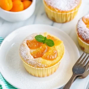 Servierfertiger Käsekuchen Muffin mit Puderzucker, Mandarinen & Minze – saftig, cremig & perfekt zum Verwöhnen .