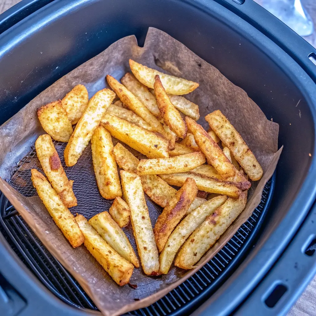 Kohlrabi-Pommes im Airfryer fertig garen lassen – goldbraun, knusprig & perfekt gebacken! So erkennst du den idealen Garzeitpunkt für knackige Pommes ohne Verbrennen.

