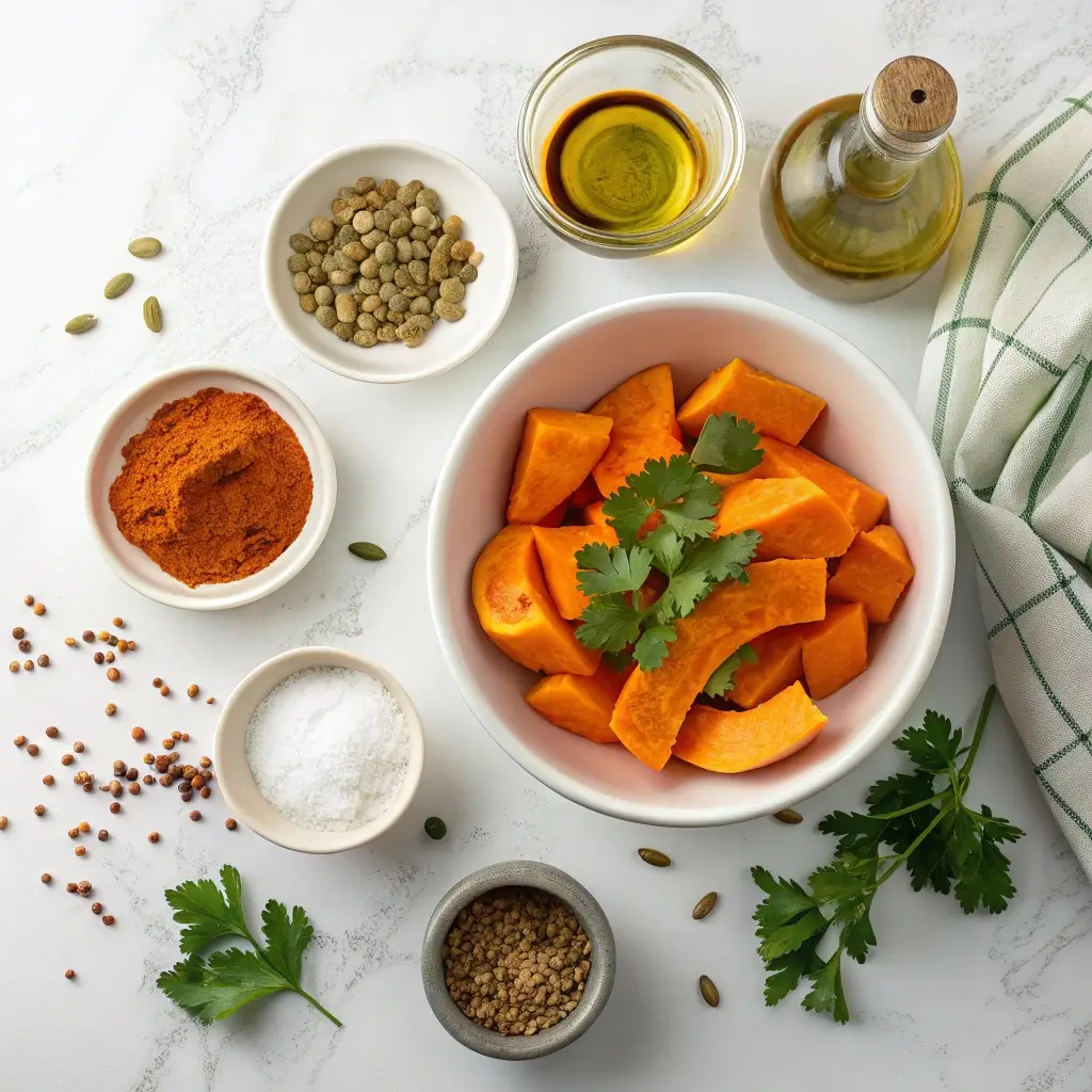 Zutaten für Kürbis im Airfryer Rezept für 2 Personen: frische Kürbisspalten, Gewürze, Öl und Kräuter – einfach, gesund und perfekt portioniert.