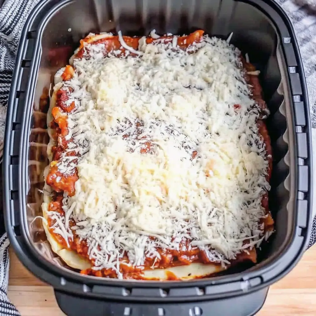 Ungebackene Lasagne im Airfryer – geschichtet mit Nudeln, Tomatensauce und reichlich geriebenem Käse, bereit für den schnellen Genuss. Perfekt für einfache Hausmannskost ohne Ofen.