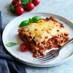 Eine köstliche Portion Lasagne serviert auf einem rustikalen Teller – goldbraun überbacken, mit frischem Basilikum und Kirschtomate garniert. Perfekt angerichtet und bereit zum Essen.