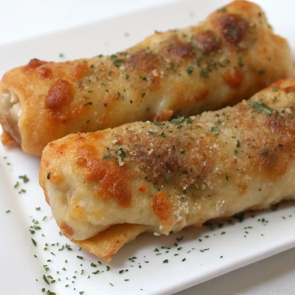 Serviere die Taco-Sticks warm – knusprig, goldbraun & mit frischem Kräuter-Garnitur auf dem Teller 