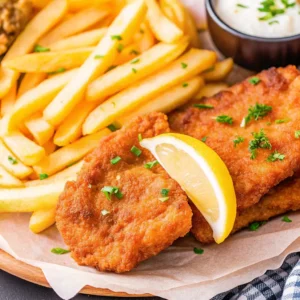 Knuspriger Backfisch aus der Heißluftfritteuse serviert mit Pommes, Zitronenscheibe und Kräutern auf Holzteller.