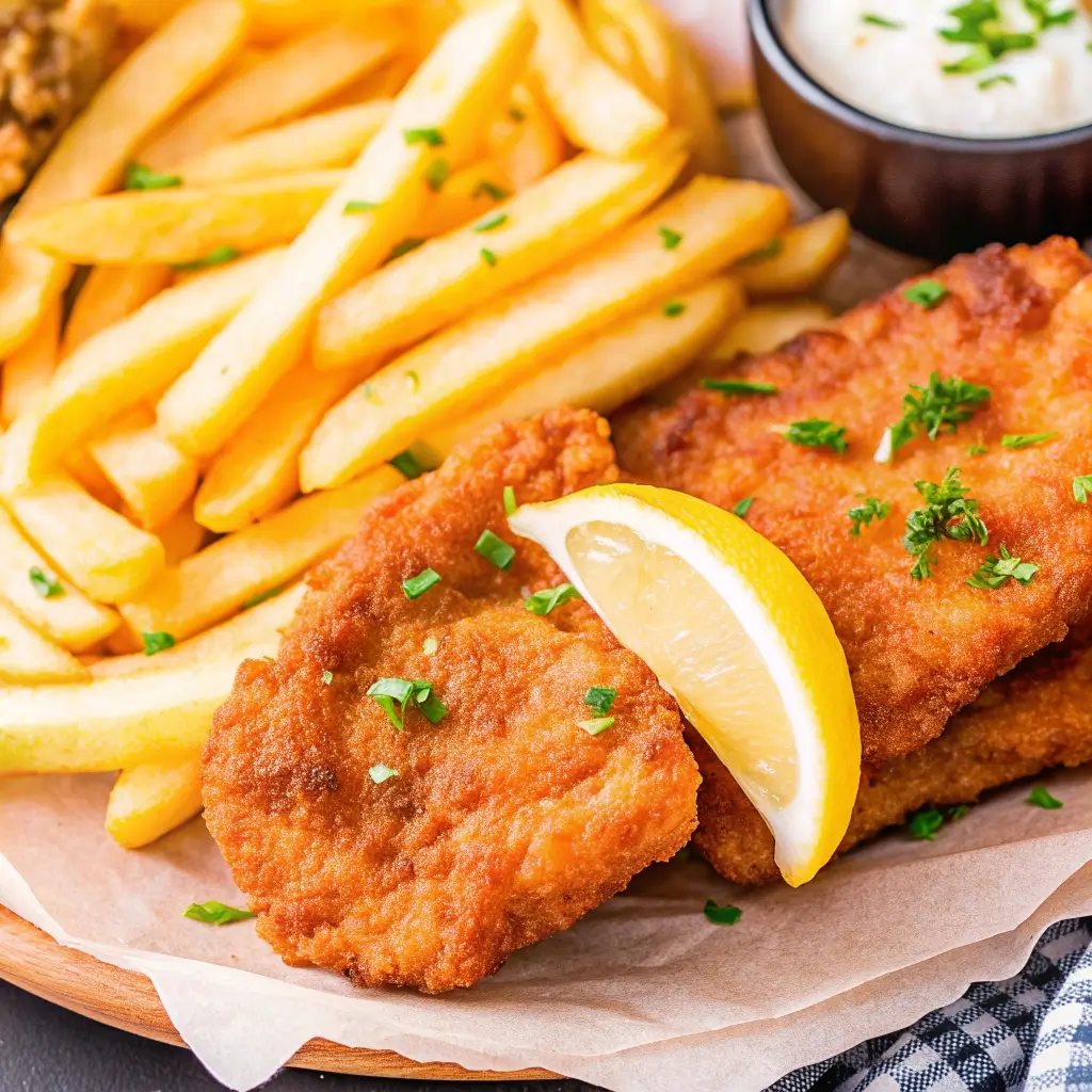 Knuspriger Backfisch aus der Heißluftfritteuse serviert mit Pommes, Zitronenscheibe und Kräutern auf Holzteller.